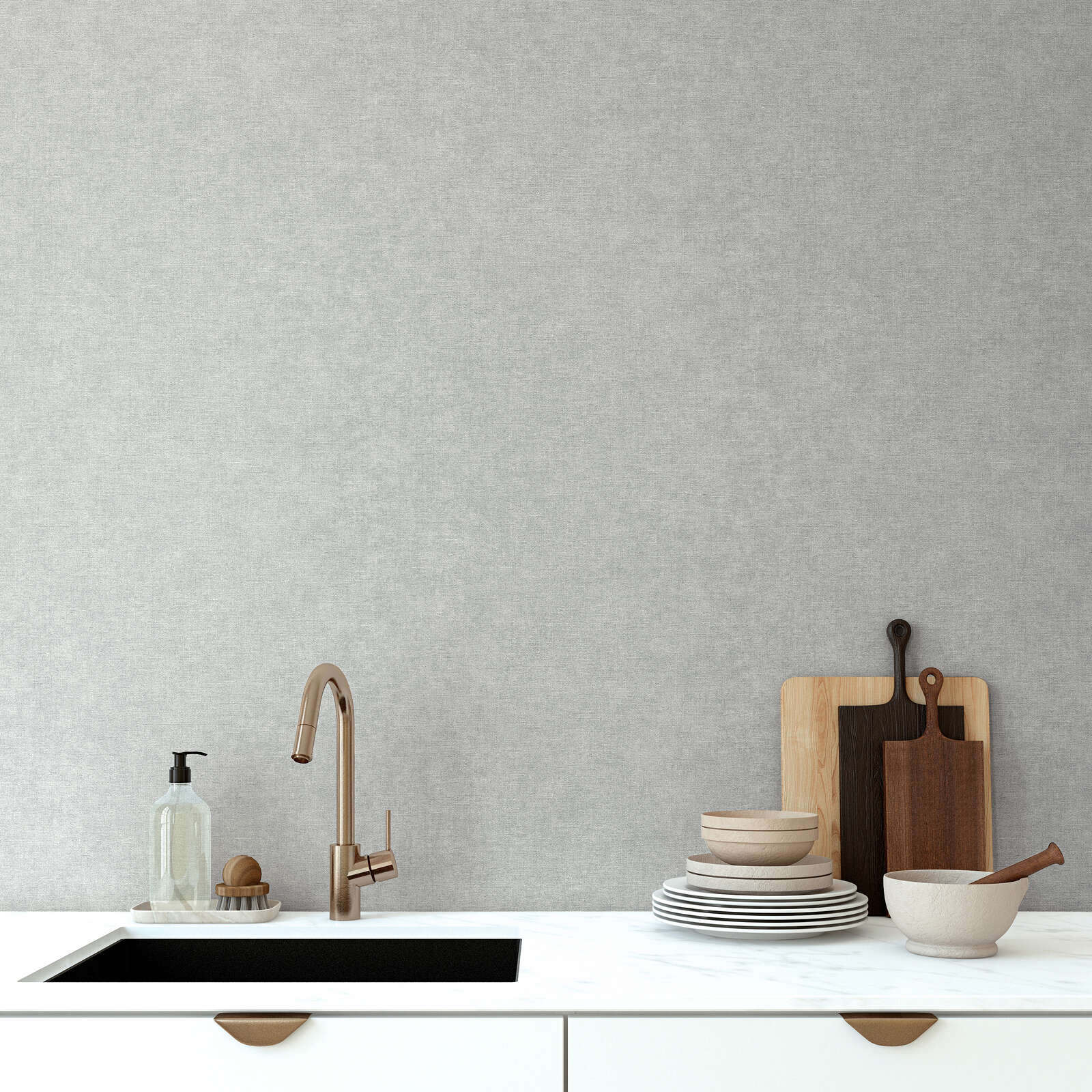 Tumši pelēkas tapetes ar auduma izskatu - vizualizācija interjerā