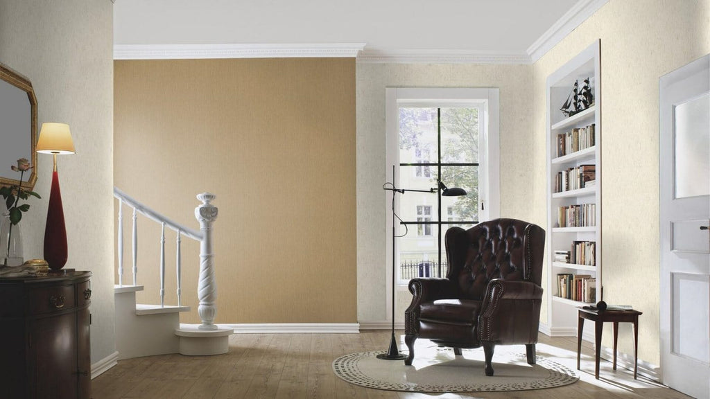 Vienkrāsainas tapetes ar vertikāli strukturētu tekstūru, zeltainā krāsā, RASCH, 537703, Curiosity