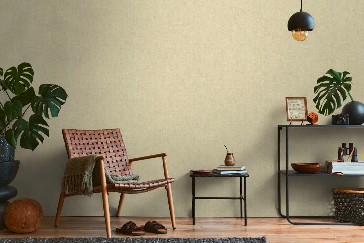 Bēšas vienkrāsainas tapetes ar auduma izskatu un spīdumu | 3007661