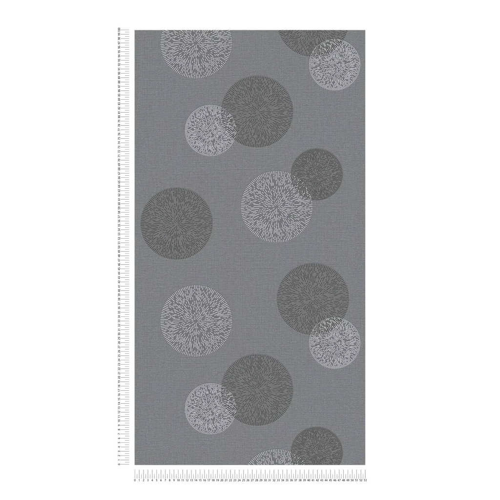 Pelēkas tapetes ar apļu rakstu viesistabai, kas izceļas ar ritmu un mūsdienīgumu