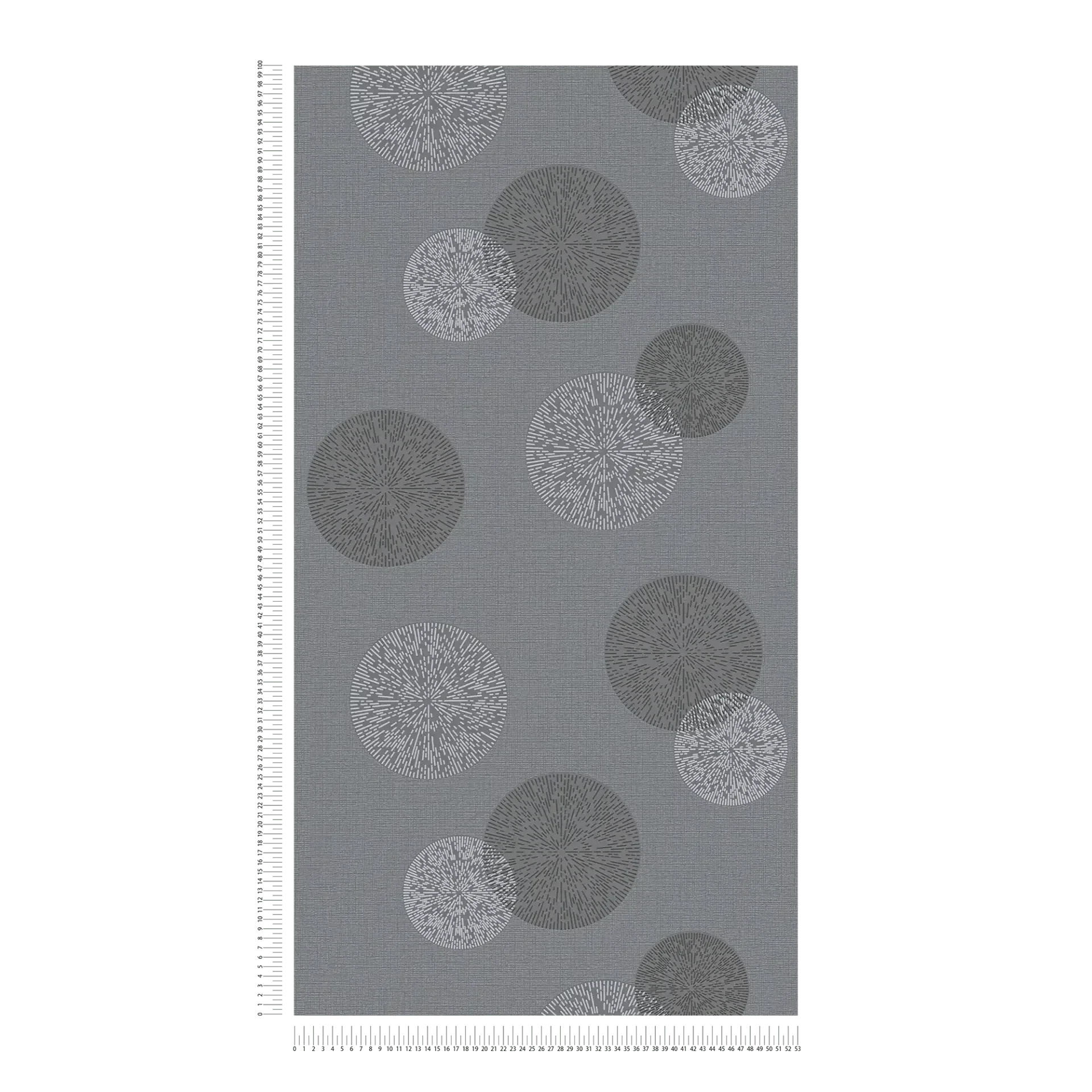 Pelēkas tapetes ar apļu rakstu viesistabai, kas izceļas ar ritmu un mūsdienīgumu