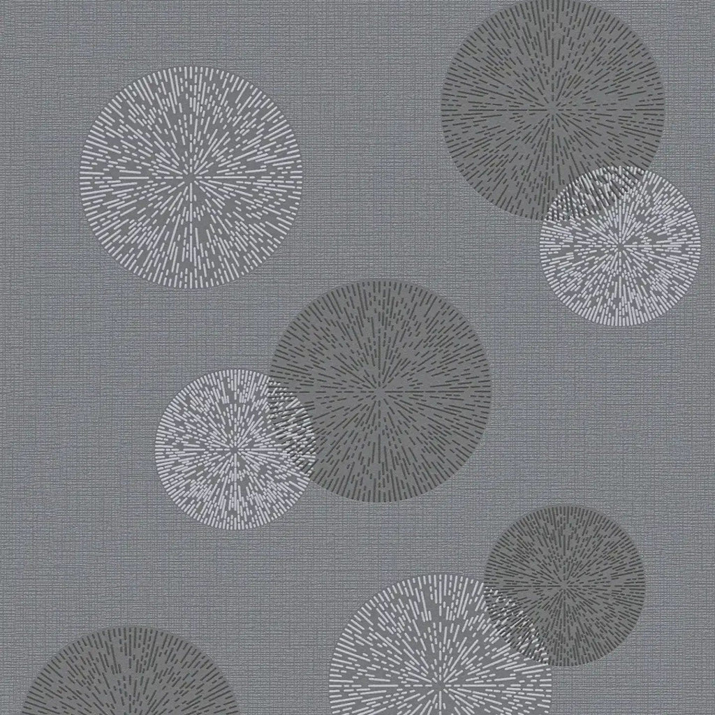 Pelēkas tapetes ar apļu rakstu viesistabai, kas izceļas ar ritmu un mūsdienīgumu